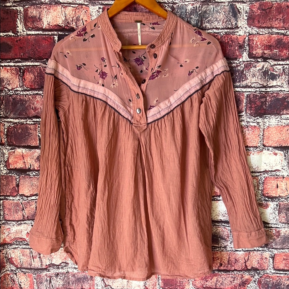 Free People Pink Floral Embroidered Sheer Bib Crinkle Blouse XS